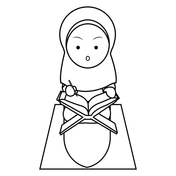 Moslim Meisje Lees Koran Leuke Eenvoudige Lijn Art Illustration Voor — Stockvector