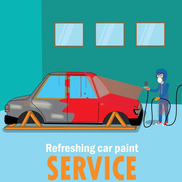 Specialist spray painting auto body at car — Stock Vector