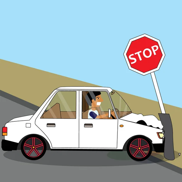 Személygépkocsi-vezető lezuhan a forgalom jel pole. — Stock Vector
