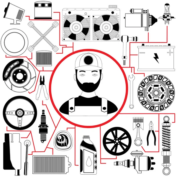 Auto-Reparatur-Symbole und Mechaniker — Stockvektor