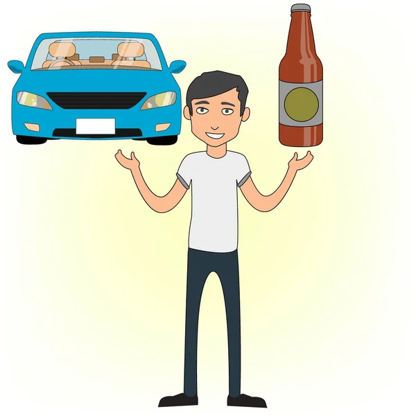 Un homme debout débattu de sa pensée entre l'alcool et la conduite — Image vectorielle