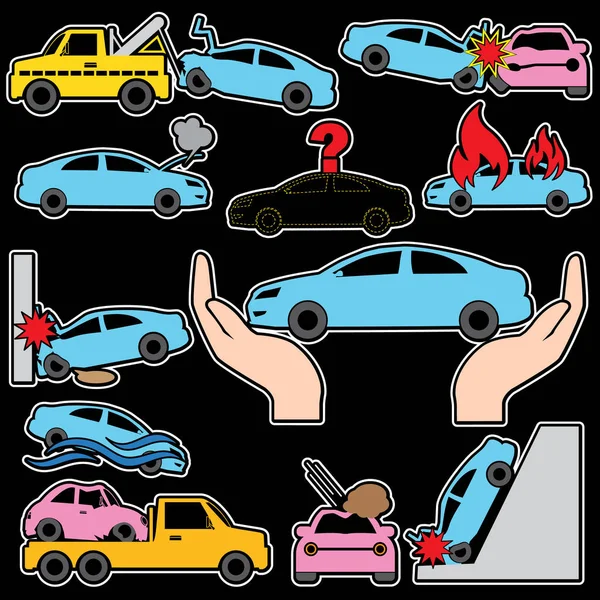 Αυτοκινητιστικό δυστύχημα και εικονίδια ασφαλιστική χρωμάτων αυτοκινήτων. — Διανυσματικό Αρχείο