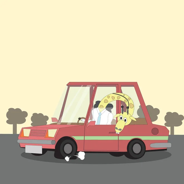 Giraffe fährt zur Arbeit und streckt den Kopf aus dem Auto — Stockvektor