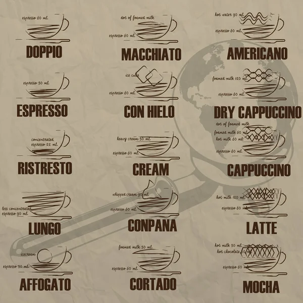 Lista de la composición de la mezcla de café dibujado a mano sobre tabla marrón — Vector de stock