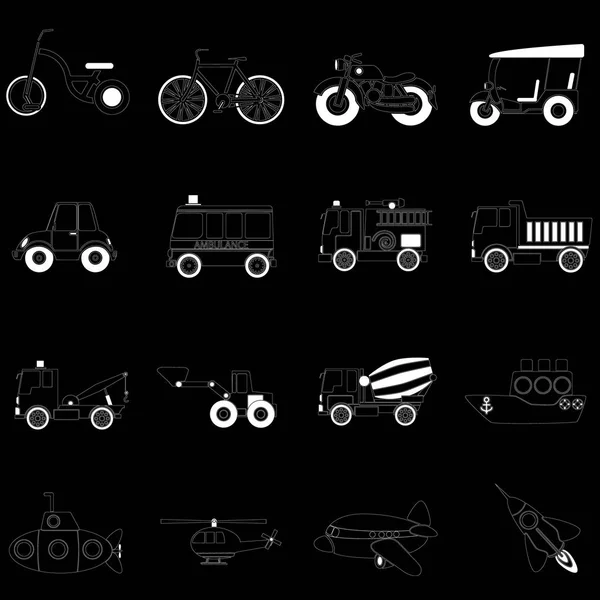 Iconos de vehículos blancos en negro — Vector de stock