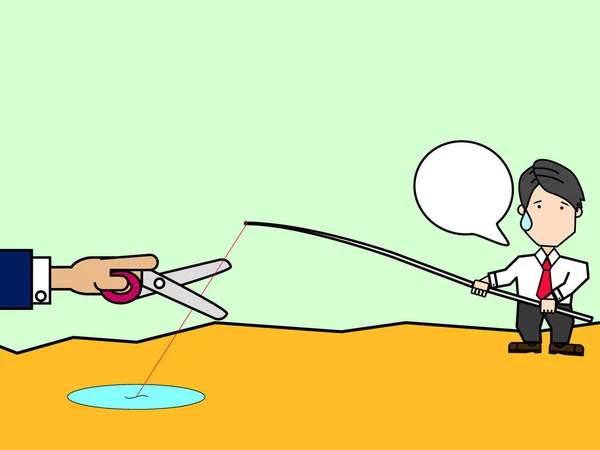 Geschäftsmann fängt Hoffnung mit Angelrute. lustiger Vektorstil. — Stockillustration Geschäftsmann fängt Hoffnung mit Angelrute — Stockvektor