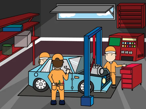 Autó javítás technikus javítás egy autó a garázsban. — Stock Vector