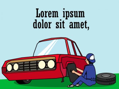 Tire service. Worker changing a punctured tire car clipart