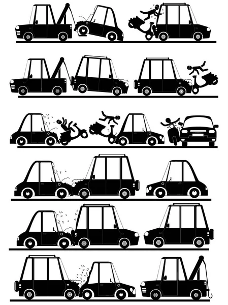 Forma de accidente con el coche en el conjunto de silueta . — Archivo Imágenes Vectoriales