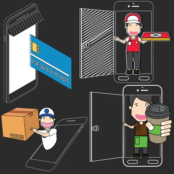 Pedidos en línea de comestibles, entrega de teléfonos inteligentes . — Archivo Imágenes Vectoriales