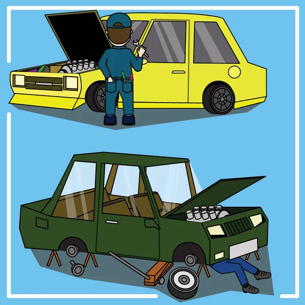 自動車整備士は、自動車修理で車を修正 — ストックベクタ