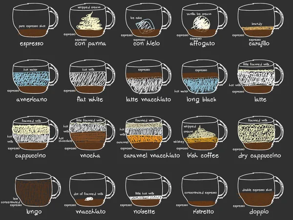 コーヒーの種類と情報グラフィック。プロポーションのレシピ. — ストックベクタ