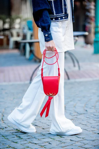 Modelo Femenino Traje Bolso Cuero — Foto de Stock