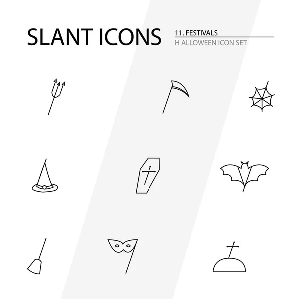 Halloween icon set with icons like a spiders web, dagger, Halloween mask, spiders web, bat, coffin, witch hat, grave. Modern looking icon set series with an angular slant.Line icons for Festival series for all international celebrations