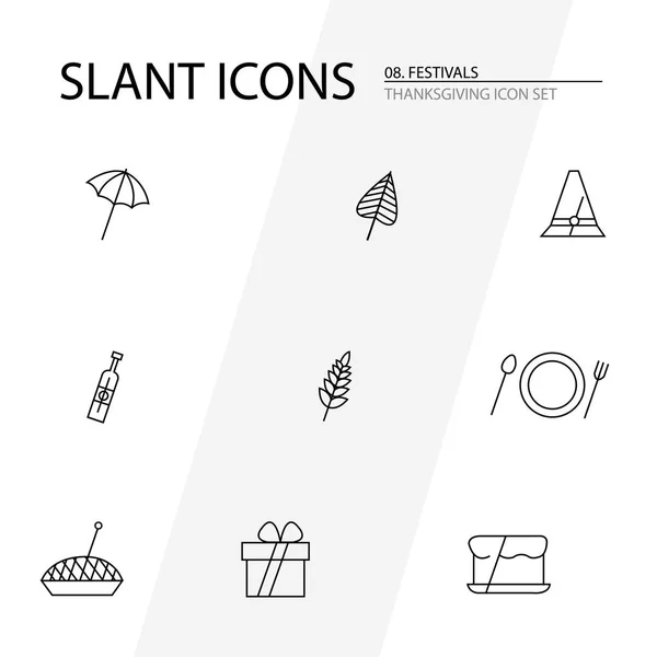 Thanksgiving icon set with icons like a gift, leaf, umbrella, hat, wheat pod, apple pie, dinner set, champagne, and cake . Modern looking icon set series with an angular slant.Line icons for Festival series for all international celebrations