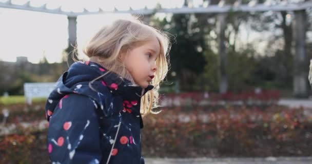 Uma menina loira olhando para cima e jogar — Vídeo de Stock