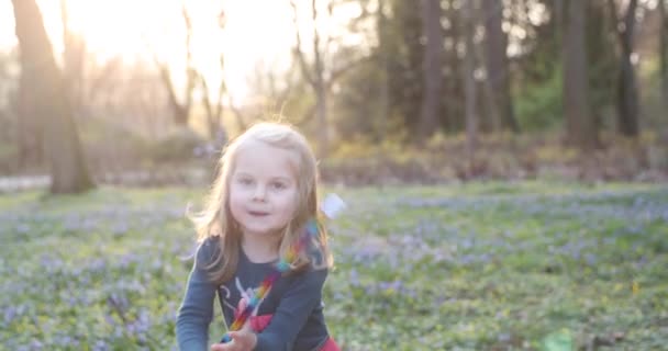 Charmantes blondes kleines Mädchen im Kleid spielt Sommer im Park — Stockvideo
