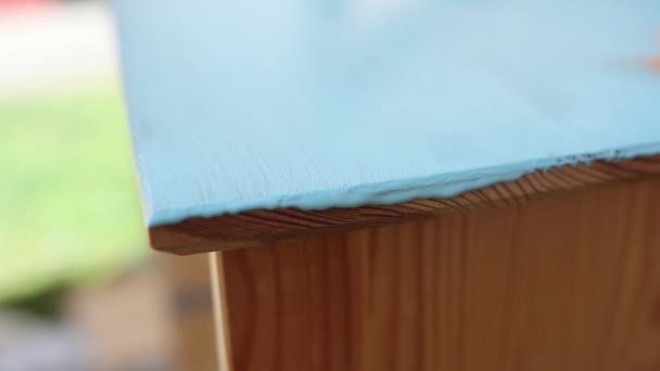 Le processus de coloration de la surface en bois avec de la peinture bleue du bocal — Video