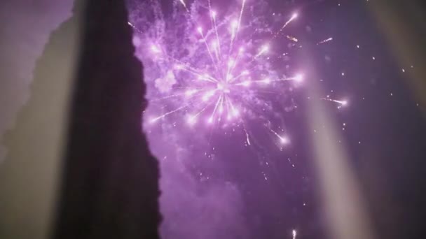 Fuegos artificiales en el cielo nocturno de la ciudad — Vídeos de Stock