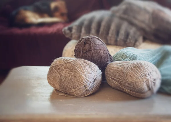 Cosy Still Life Room Balls Wool Cozy Jumper Table Sleeping — Stock Photo, Image