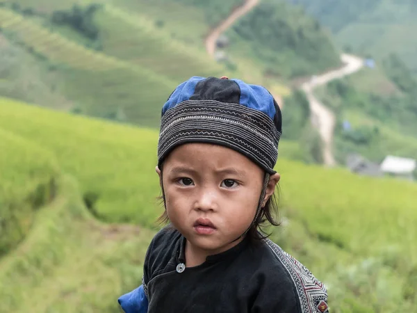 Niño de pie cerca del campo de arroz — Foto de Stock