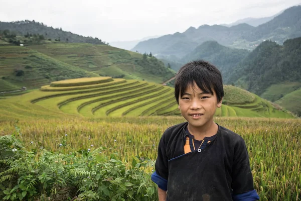 Niño de pie cerca del campo de arroz — Foto de Stock