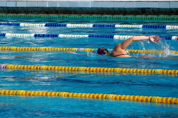 Lány úszók a medencében — Stock Fotó