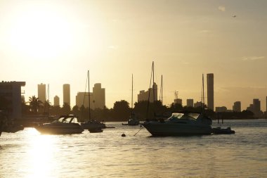 Körfezde günbatımı suyu ön planda tekneler ve arka planda gökdelenler.
