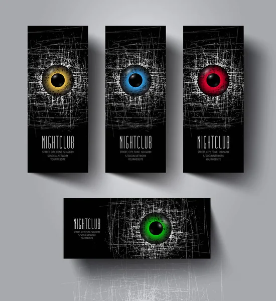 El ilanları ve gece kulübü partisi için afiş kümesi. Siyah bir arka plan üzerinde çizikler gözlerle. Elektronik müzik festivali için toplaması reklam.