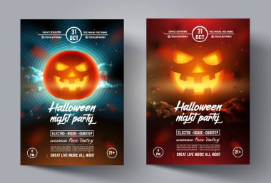 Mistik partisi ilanı. Mutlu Cadılar Bayramı şablon banner veya belgesi, kapağı, broşür, poster modern arka plan üzerinde parlayan kabak gülümseyen. Vektör çizim