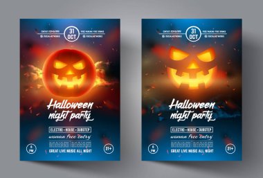 Cadılar Bayramı el ilanı. Tasarım şablonu afiş veya broşür, kapağı, broşür ve modern arka plan üzerinde parlayan kabak gülümseyen poster. Vektör çizim