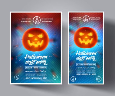 Cadılar Bayramı partisi el ilanı veya kapakları, afiş, broşür, poster, sunumlar ve rulo. Modern arka plan yüzünde gülümseyen gerçekçi parlak balkabağı. Vektör tasarım şablonu. EPS 10