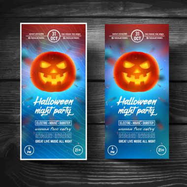 Cadılar Bayramı partisi el ilanı, kapakları, afiş, broşür, poster, sunumlar, rulo. Modern arka plan yüzünde gülümseyen gerçekçi parlak balkabağı. Vektör tasarım şablonu. EPS 10