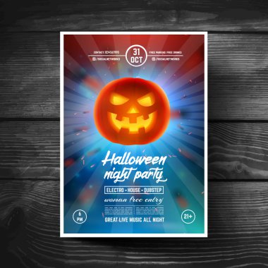 Cadılar Bayramı partisi el ilanı, kapakları, afiş, broşür, poster, sunumlar, rulo. Modern arka plan yüzünde gülümseyen gerçekçi parlak kabak.