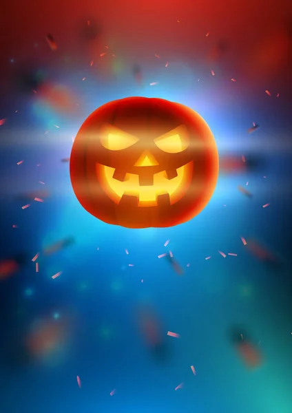 Citrouille lumineuse réaliste avec visage souriant sur fond moderne. Modèle pour Flyer ou couvertures, bannières, brochure, affiches et roll-up pour la fête d'Halloween. Modèle de conception vectorielle. SPE 10 — Image vectorielle