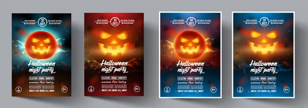 El ilanları Helloween tarzında bir gece parti için ayarlayın. Vektör kabak yüz kapağı, afiş, broşür, poster, sunumlar için modern renkli arka plan üzerinde. Vektör çizim