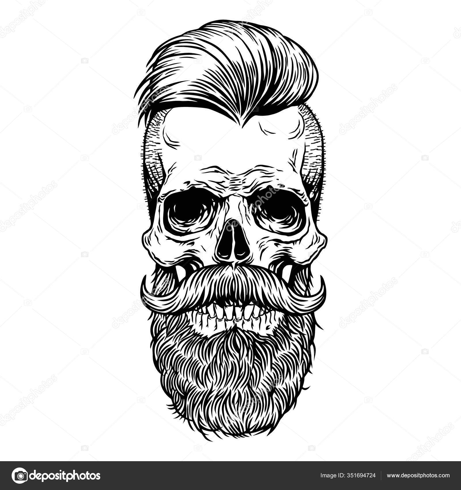 Skull tattoo mustache beard Hipster Vector Hand drawn line art design print  shirt, poster, textiles, Stock Vector Image by ©yojinka #351694724