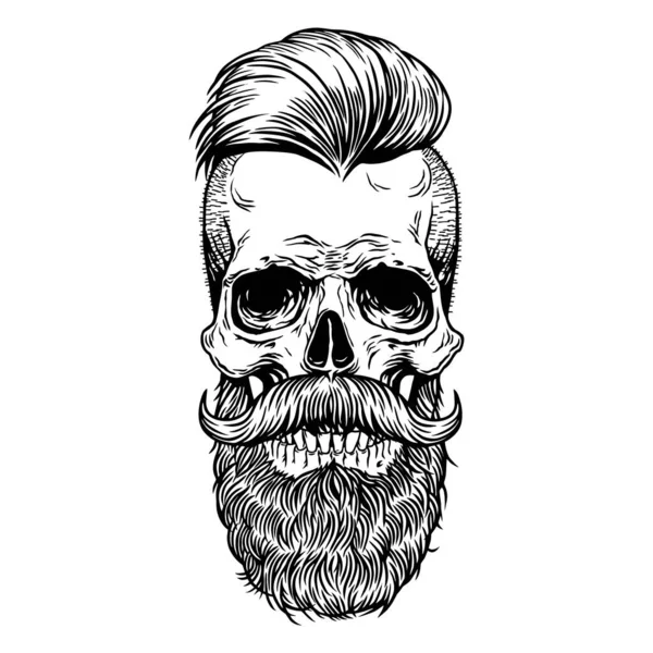 Skull tattoo mustache barba Hipster Vector Hand dibujado línea de arte de diseño de camiseta de impresión, póster, textiles., — Vector de stock
