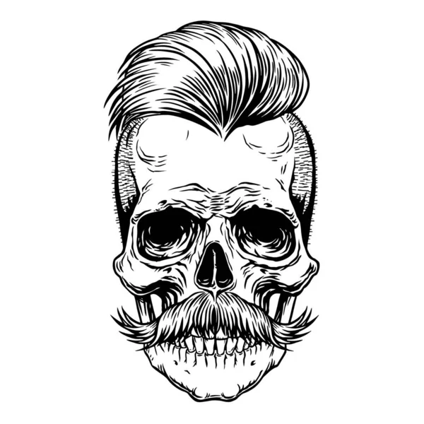Cráneo de Barberman con mustache. Diseño de tatuajes negros ilustración vectorial dibujo a mano para diseño de camiseta impresa, póster, textiles, tatuaje, portada. — Vector de stock