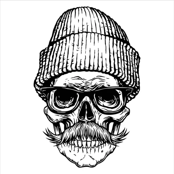 Cappello per occhiali da baffi cranio Design del tatuaggio nero disegnato a mano — Vettoriale Stock