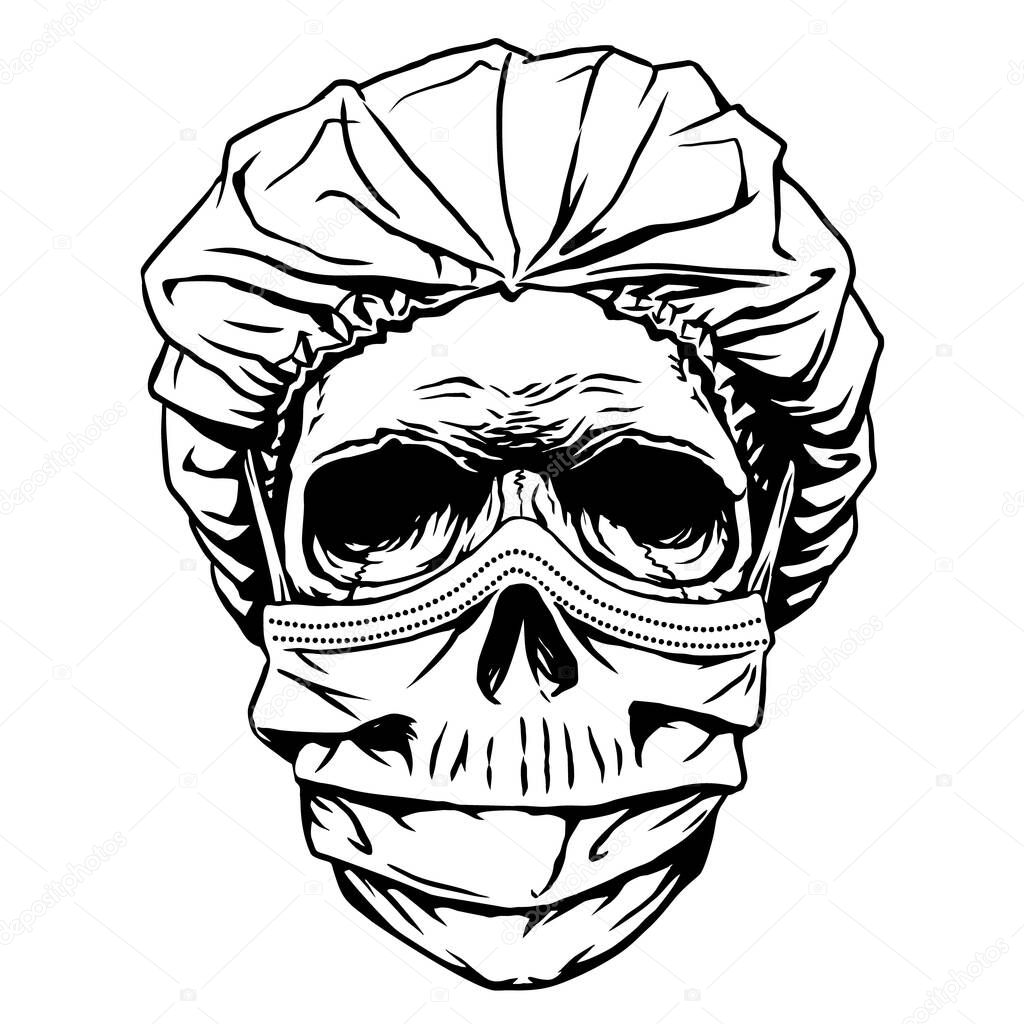 Skull face in medical face mask and hat. Corona virus quarantine Concept print poster shirt desing tattoo