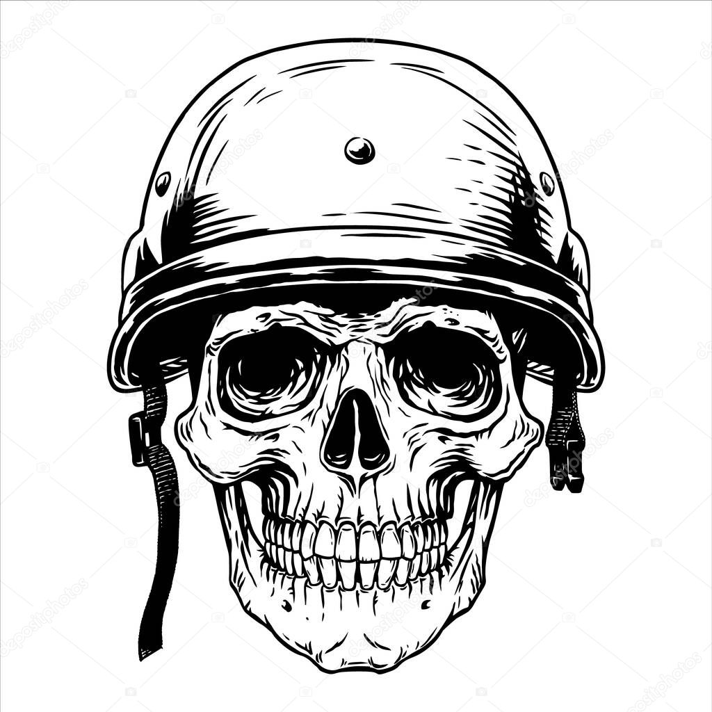 Military soldier skull head with helmet. Hand drawn line art black on white background. Skull fighter vector illustration for design print shirt, poster, textiles, tattoo, emblem, cover.
