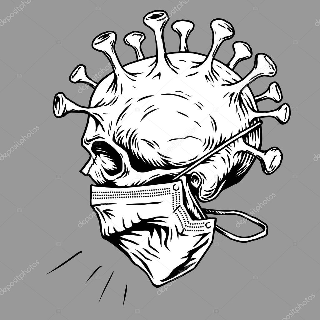Skull face in medical face mask. Vector illustration. Corona virus quarantine 2019-nCoV Concept for print poster shirt, desing tattoo, sigh.