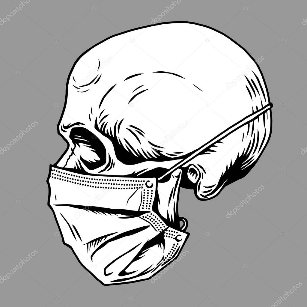 Skull face in medical face mask. Vector illustration. Corona virus quarantine 2019-nCoV Concept for print poster shirt, desing tattoo, sigh.