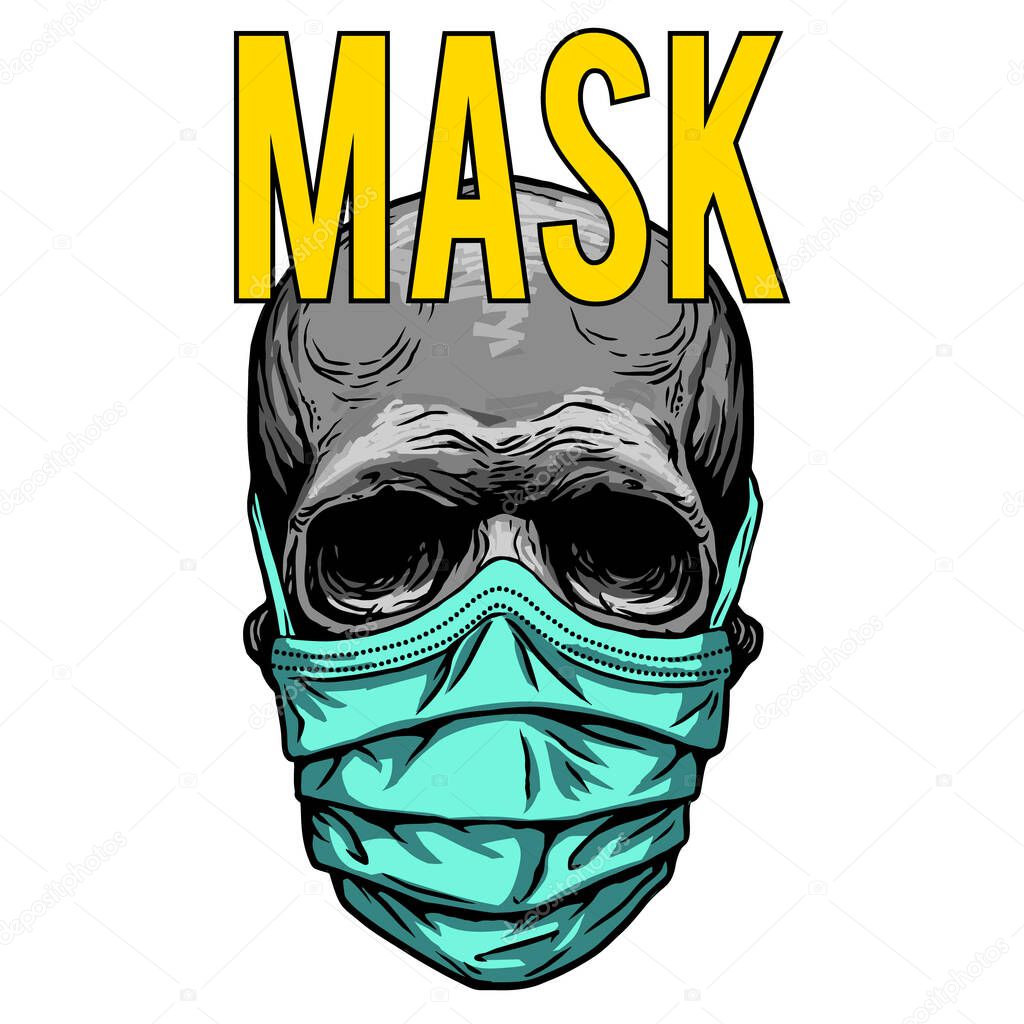 Skull in medical face mask. Infectious disease, flu protection, avoiding virus. Corona virus quarantine 2019-nCoV. Concept desing for print poster, shirt, desing tattoo, sigh. Vector illustration.