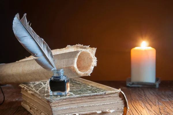 Quill pen by candle light Stock Image