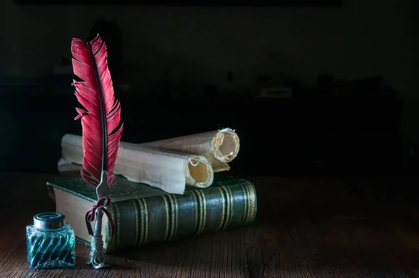 Pluma de pluma y libros antiguos — Foto de Stock