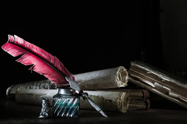 Pluma de pluma y libros antiguos — Foto de Stock