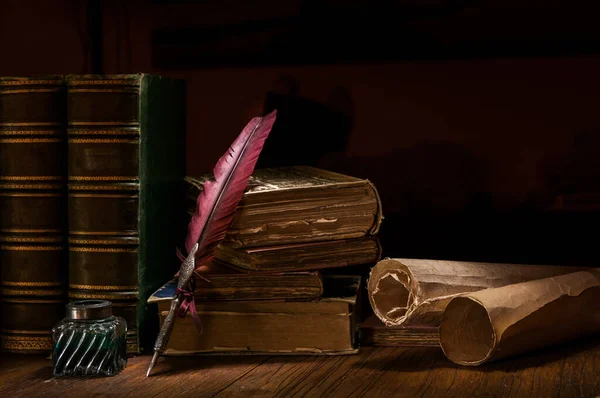 퀼 펜과 오래 된 책 들 — 스톡 사진