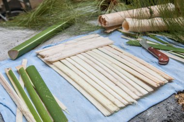 Strips obtained from the stem of papyrus plant with a typical knife and a finished rolled up sheets clipart
